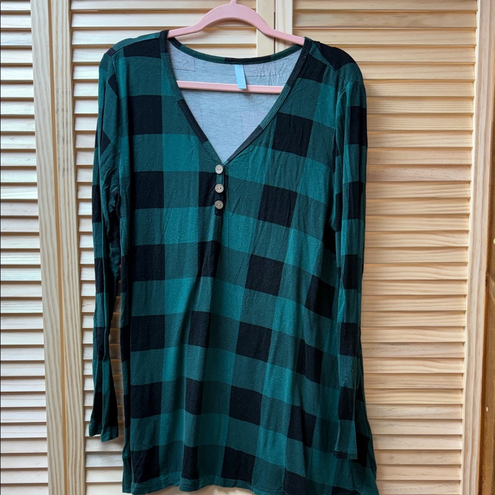 Plaid Long Sleeve Top with Button Detail